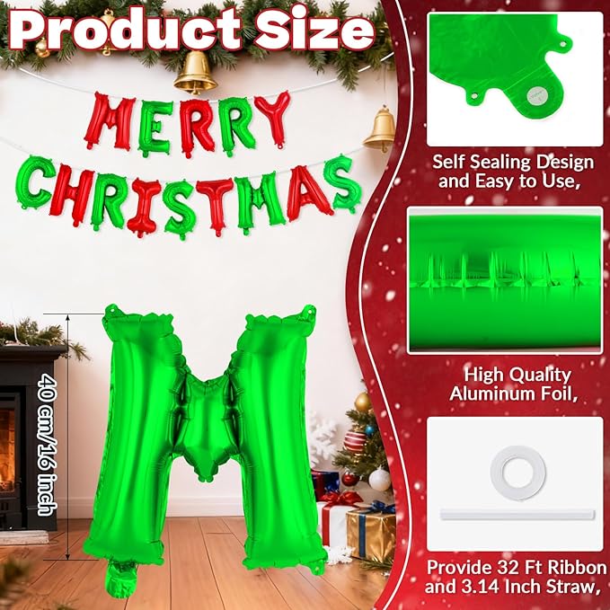Red and Green Merry Christmas Letter Balloons Banner, Merry Christmas Foil Xmas Balloon for Xmas Party Decorations (Red and Green)