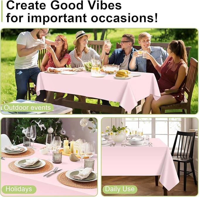 QIKSION Pink Plastic Table Cloth Disposable 12 Pack, 54 x 108 Inch Tablecloths for Valentines, Easter, Mothers Day Decorations, Baby Shower Birthday Party, Rectangle Table Cover