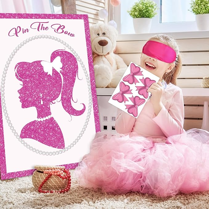 Hooqict Girls Princess Party Games Pin The Bow on The Head Birthday Games for Kids Party Pink Girl Birthday Party Decorations Supplies, Large Pin Tail Game Poster with 40 Bow Stickers