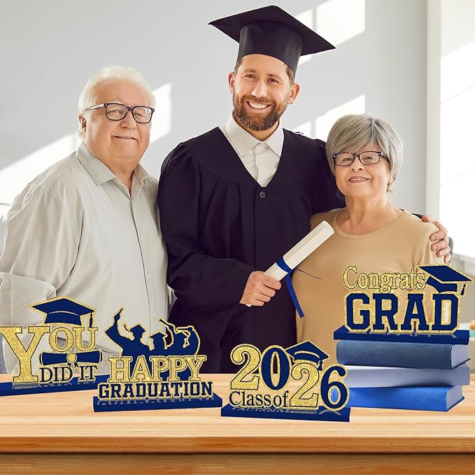 4Pcs Graduation Decorations Class of 2026 Wood Table Centerpieces Congrats Grad Wooden Sign Graduation Table Toppers Congratulate Tiered Tray Decor for 2026 Graduation Party (Navy Blue-Gold)