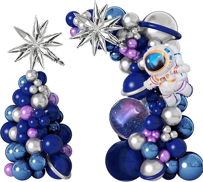 Amandir139pcs Space Balloon Garland Arch Kit Outer Space Birthday Decorations with Blue Purple Silver Galaxy Astronaut Foil Balloons for Boys Themed Birthday Party Decoration Supplies