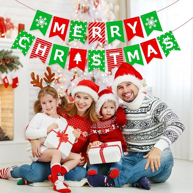 Pre-Strung Christmas Party Decorations – Merry Christmas Banner Indoor,Green Red Vintage Xmas Banner Decor Sign for Festive Holiday Home Party,Fireplace Mantel,Farmhouse,Wall,Window,Office