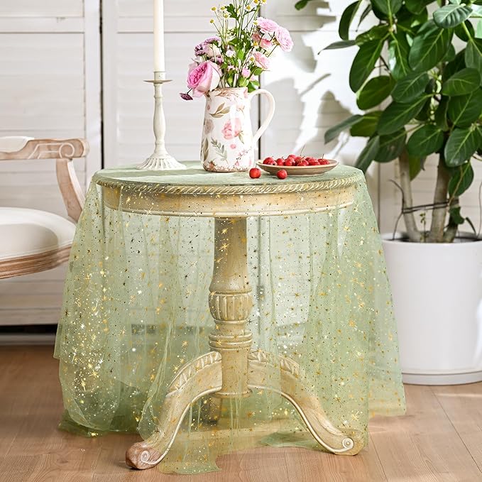 Horaldaily Sage Green Gold Sparkling Star Gauze Tablecloth 60x120 Inch Rectangular, Golden Star Sequin Glitter Metallic Foil, Sheer Tulle Cheesecloth for Wedding Baby Shower Party