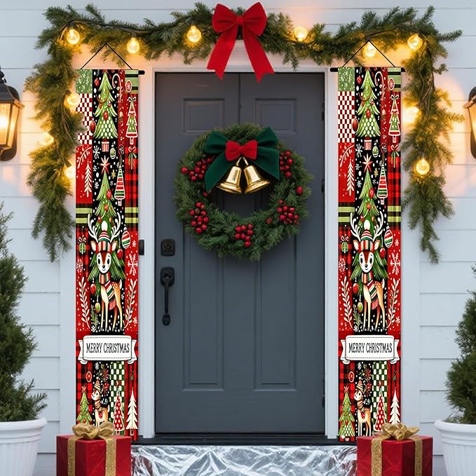 Nuxovilar Christmas Decorations Outdoor Yard Front Porch Sign Set, Red Black Plaid Christmas Tree Reindeer Door Banners for Front Door, Hanging Xmas Decor for Home Indoor Outdoor Wall Yard