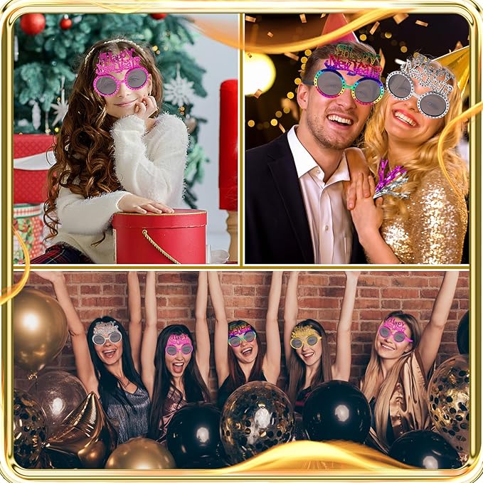16Pcs New Years Eve Party Supplies 2026 Including Happy New Year Eyeglasses and Metallic Fringed Noise Makers 2026 Glasses New Years Plastic Funny Sunglasses Eyewear
