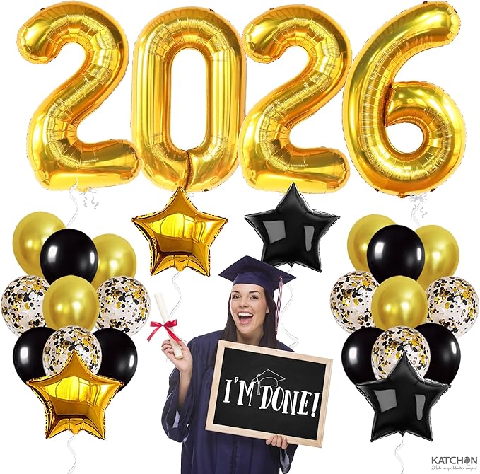 KatchOn, Black and Gold Graduation Balloons Set - Big, Pack of 31 | Star Balloons, Latex Balloons for Graduation Decorations 2026 | 2026 Graduation Decorations, Prom Decor
