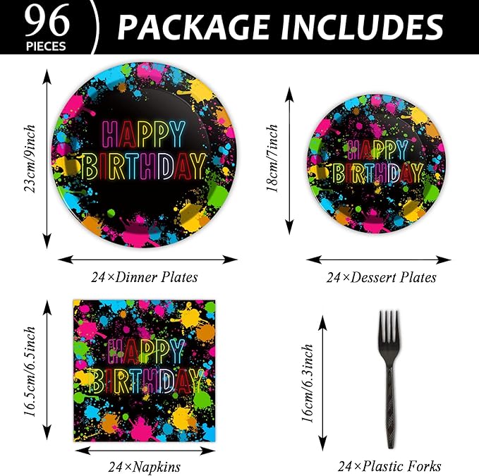 chiazllta 96 Pcs Neon Party Paper Plate and Napkins Neon Birthday Party Decorations Glow in the Dark Birthday Paper Supplies Disposable Glow Tableware for Party Favors 24 Guests