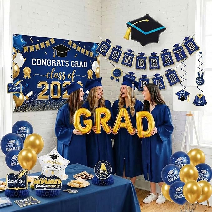 Night Blue Gold Balloons GRAD Print Balloons with Banner Table Honeycomb Centerpieces Hanging Swirl backdrop Stars Graduation Cap GRAD Letters Mylar Balloons for 2026 graduate Prom Decorations