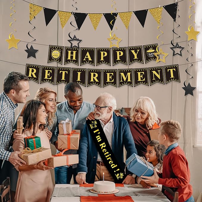 Retirement Party Decorations Black and Gold Happy Retirement Banner Gold Glitter Pennant Flag Banner Star Hanging Swirls and Sash Retired Party Supplies Office Farewell Party Decorations for Men Women