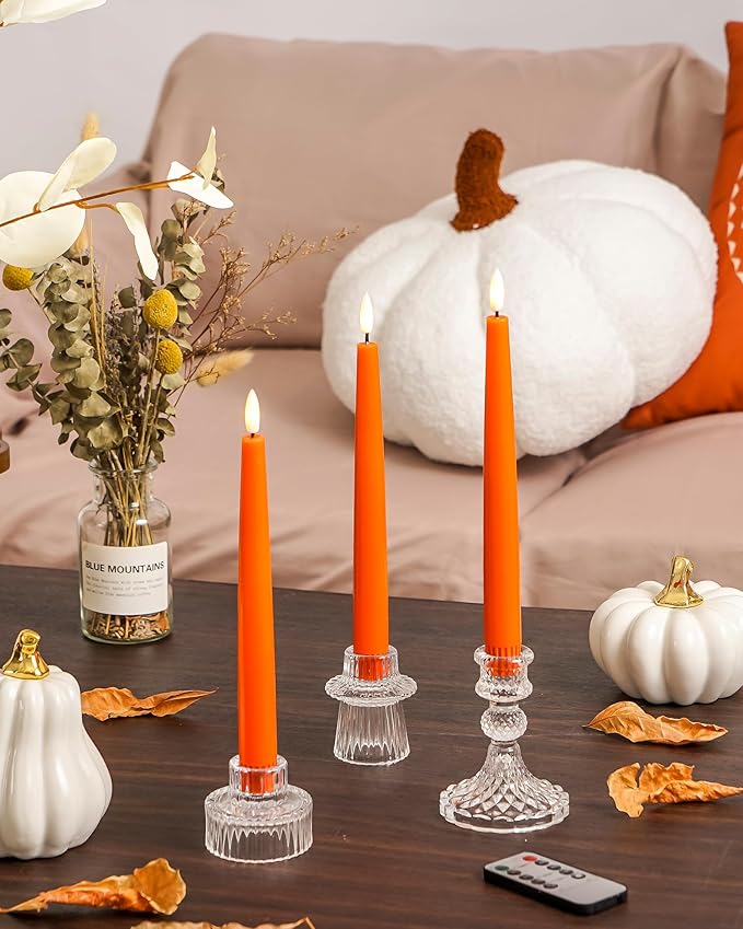 Orange Flameless Taper Candles with Remote and Timer, 9.65 Inch Real Wax LED Candlesticks, Fall Taper Candles Battery Operated with 3D Flickering Flame, Thanksgiving Candles for Table, 3 Pack