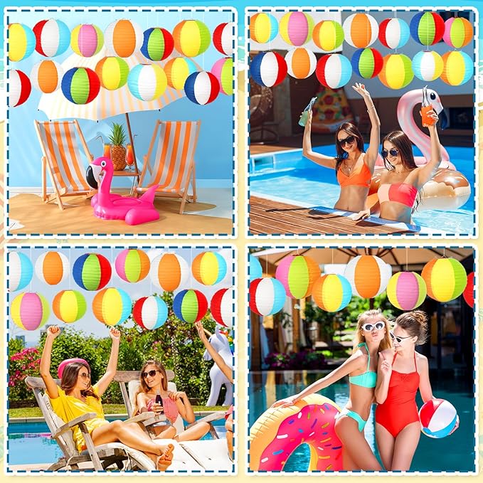 ADLKGG 15Pcs Pool Party Decorations Beach Ball Paper Lanterns, Summer Hawaiian Luau Themed Birthday Supplies, Reusable Decor for Outdoor Events, Indoor Classroom Home