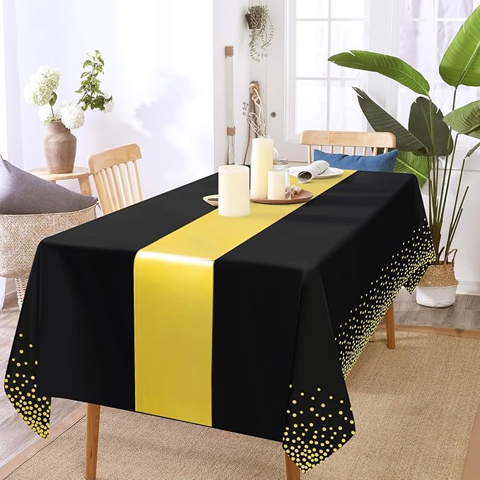 12 Pack Black Gold Tablecloth and Table Runner Set Party Decorations, Plastic Disposable Tablecloth and Satin Table Runner for Wedding Birthday Party (Black Gold)