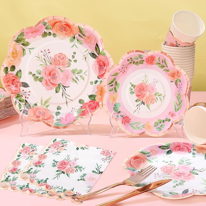 175PCS Tea Party Decorations, Floral Party Supplies, Bridal Shower Paper Plates, Floral Plates and Napkins Sets for Baby Shower, Brial Shower, Wedding, Serves 25 Guest