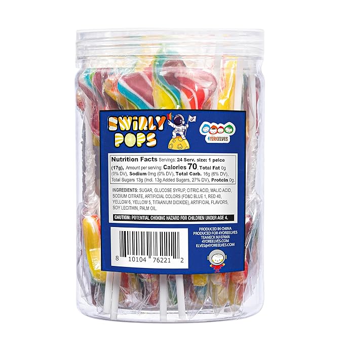 Galaxy Star Rainbow Lollipops Individually Wrapped, Bursting with Fruity Flavor, Great Swirl Lollipops for Kids Birthday Parties, Space Candy Party Favors and Cake Toppers, By 4YoreElves (Pack of 24)