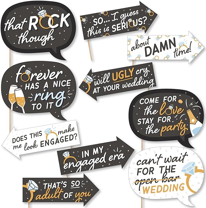 Photo Booth Props Kit for Engagement Party - 10-Piece Speech Bubble and Arrow Set, Premium Cardstock Photo Props with Assembly Sticks - Black