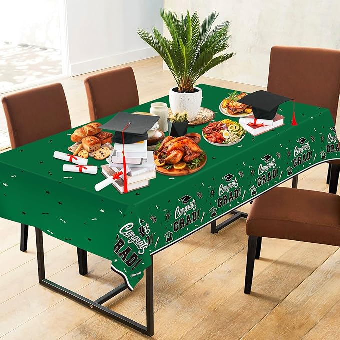 2 Pack Green Graduation Tablecloth - Congrats Grad Table Cloths, Plastic Disposable Rectangle Class of 2026 Table Cover for Graduation Tables Decorations Party Decor Supplies Favors,108 x 54 Inch