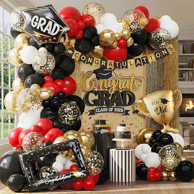 Red Black White Balloon Arch Kit 149Pcs with Gold Confetti Balloon for Red and Black Birthday Party Decorations Graduation Party Birthday