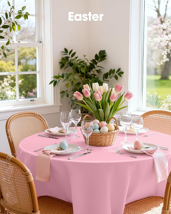 Pureegg Plastic Table Cloth Disposable 8 Pack, 84'' Round Table Cloths, Easter Party, Valentines, Mothers Day Decorations, Tablecloths, Round, Pastel Plastic Cover, Leakproof & Sturdy, Pink