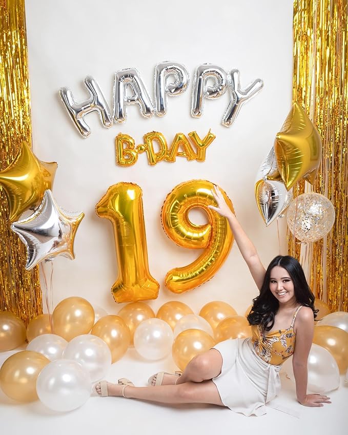 Gold Number 19 Balloon 40 inch, 19 Number Balloons, 19th Gold Birthday Decorations, 19 Year Old Girls Boys Golden Party Supplies