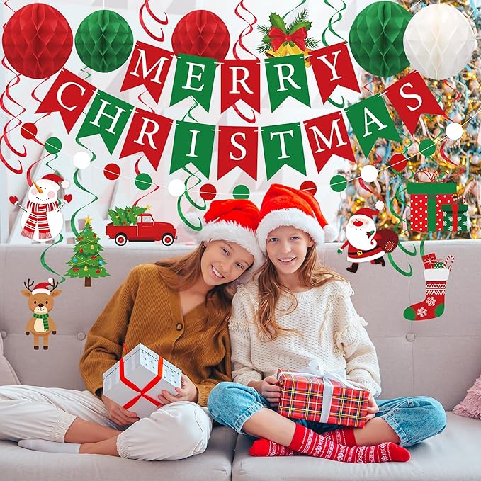 Merry Christmas Party Decorations Pre-strung Red Green Merry Christmas Banner with Honeycomb Balls Santa Claus Snowman Xmas Tree Hanging Swirls Colorful Circle Dots Garland for Holiday Party Decor