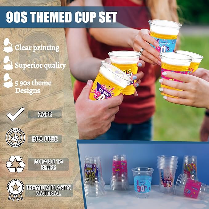 90s Theme Party Decoration Cups, 50 Pcs 16 OZ Disposable Plastic Cups for Retro Music Hip Hop Throwback Dance Back to 90's Birthday Party Favor Supplies