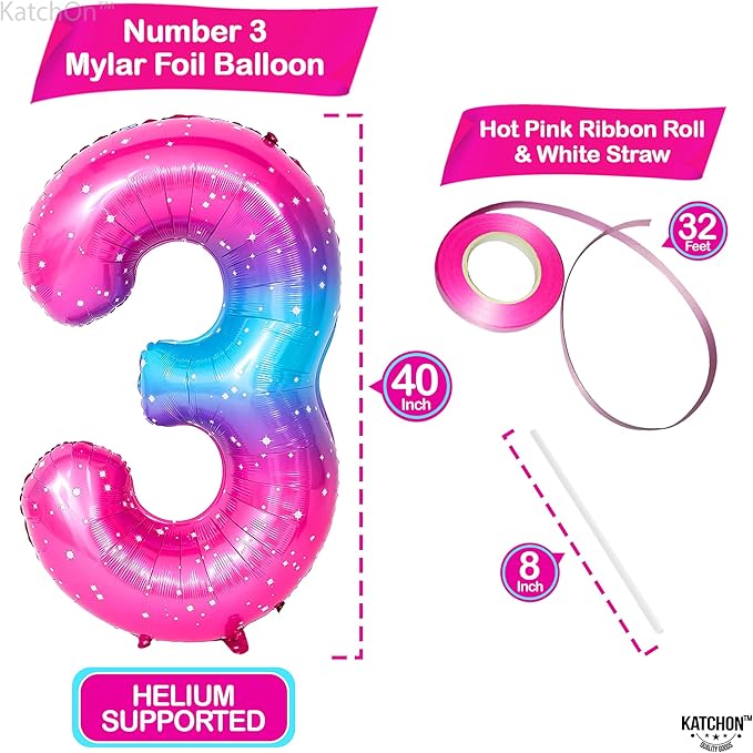 KatchOn, Rainbow 40 Inch 3 Balloon - Pink Blue | 3rd Birthday Decorations | Unicorn Party