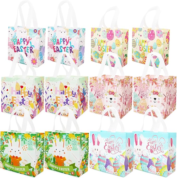 Aviski 12PCS Happy Easter Egg Hunt Bags Assorted Sizes Bunny Carrot Chick Egg Gift Bag with Handles, Easter Treat Bags, Non-Woven Gifts Wrapping, Spring Party Supplies