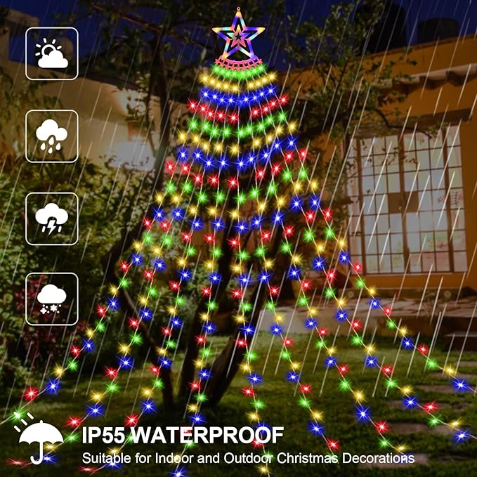 Christmas Decoration Lights, Outdoor Christmas String Lights 320 LED 11.5 Ft Waterfall Tree Light with Big Star Topper 8 Light Modes for Xmas New Year Holiday Garden Yard Indoor Outdoor Decor