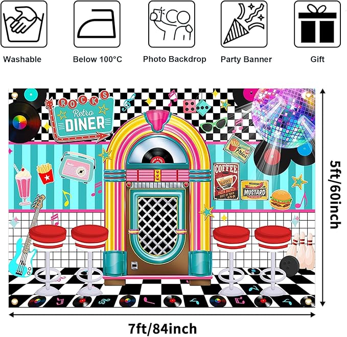 Avezano 50s Retro Diner Party Backdrop 50s Retro Rock and Roll Diner Classic Decoration Banner 1950s Sock Hop Party Decor 84 x 60 Inch