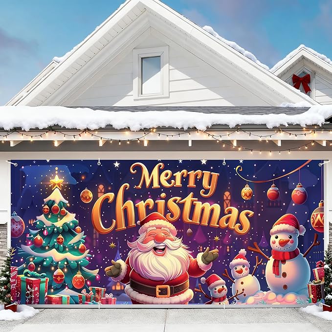 6 x 13 ft Christmas Garage Door Decorations Merry Christmas decorations Xmas Garage Door Cover, Happy New Year Hanging Banner for Home,Outdoor,Indoor,Party (Merry Christmas-Purple, 6 x 13 ft)