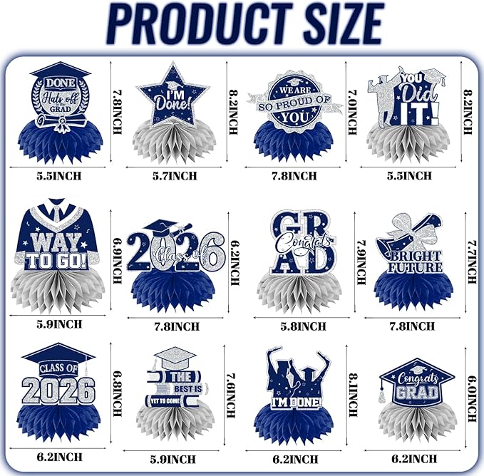 12pcs Graduation Table Decorations,Silver and Navy Blue Graduation Decorations 2026 Graduation Centerpieces for Tables,Class of 2026 Centerpieces Honeycomb for Congrats Grad Table Decor (Navy Blue)