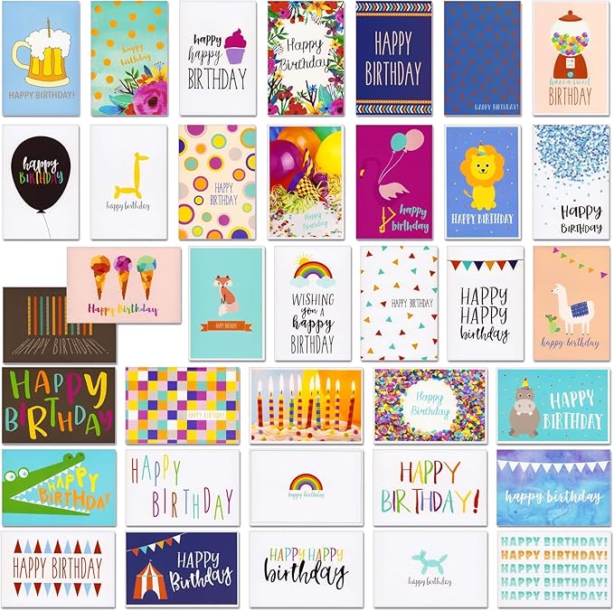 BEST PAPER GREETINGS Birthday Cards - Assorted Birthday Cards Blank Inside - Blank Note & Envelope Pack - 4x6 in, Pack of 36, Multicolor
