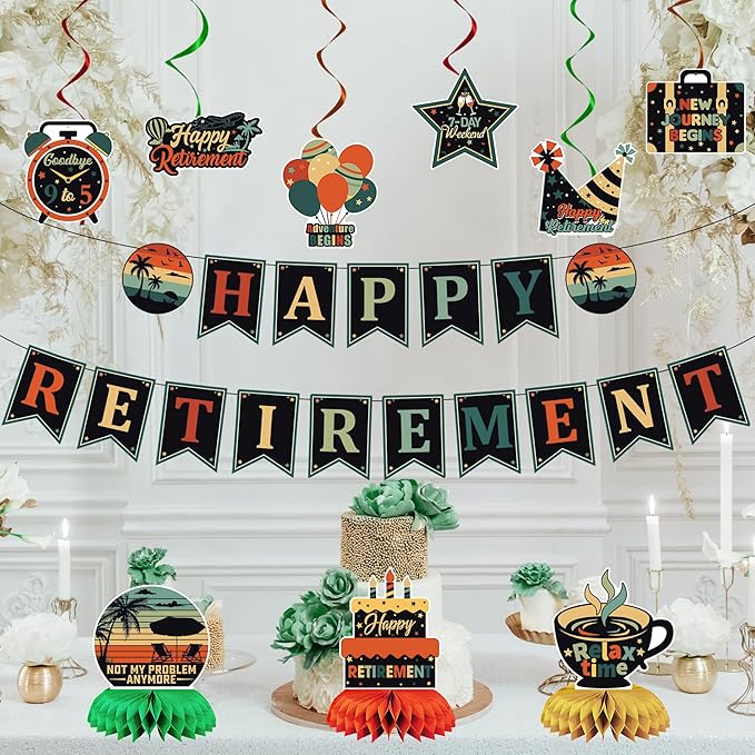 Vlipoeasn Retirement Decorations for Men Women, Colorful Vintage Retirement Party Set with Banner Honeycomb Centerpieces Hanging Swirls, Office Retired Farewell Decor