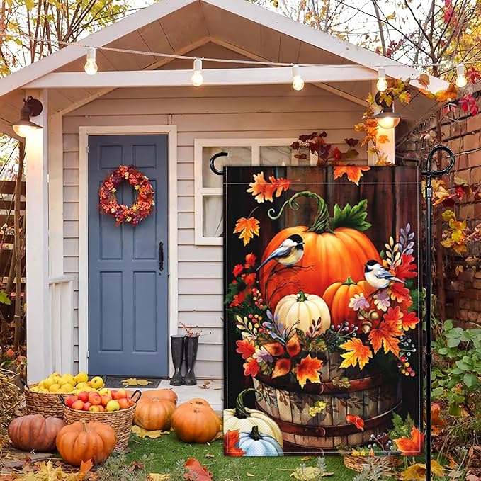Fall Garden Flag Thanksgiving Halloween Pumpkin Yard Garden Flags for Outside 12×18 Inch Double Sided 3Ply Polyester Small Autumn Welcome Garden Flag Outdoor Decorations