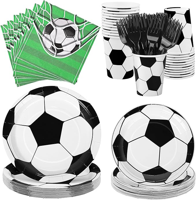 Kochorie 144 Pieces Football Party Supplies, Sports Tableware Sets Including Disposable Paper Plates Napkins Cups Forks Serves 24 for Soccer Games Birthday Football Party Decorations