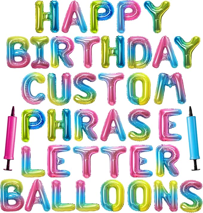 Happy Birthday Balloon Banner Custom Phrase Balloons letter 16 inch Personalized Alphabet Letters Foil Mylar Balloons (Rainbow)
