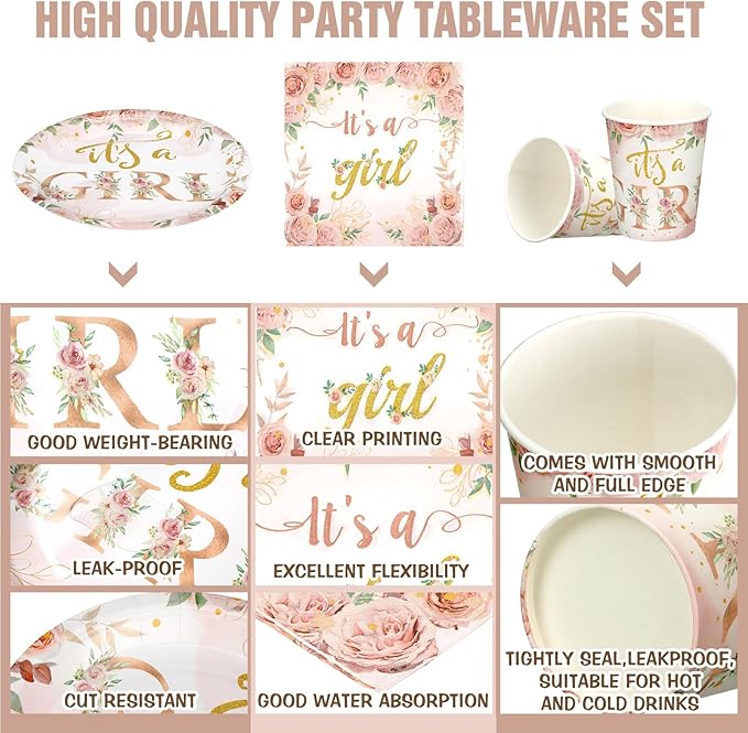 200 Pcs Floral Baby Shower Paper Plates Napkins Cups Baby Shower Party Supplies Tableware Set Rose Gold Disposable Cup Napkin for 50 Guest Girls Spring Party Decoration