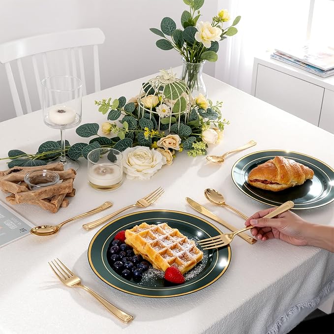 175PCS Green Plastic Plates - Green and Gold Disposable Plates 25Guests Plastic Plates with Rolled Napkins for Birthday/St. Patrick's Day/Easter