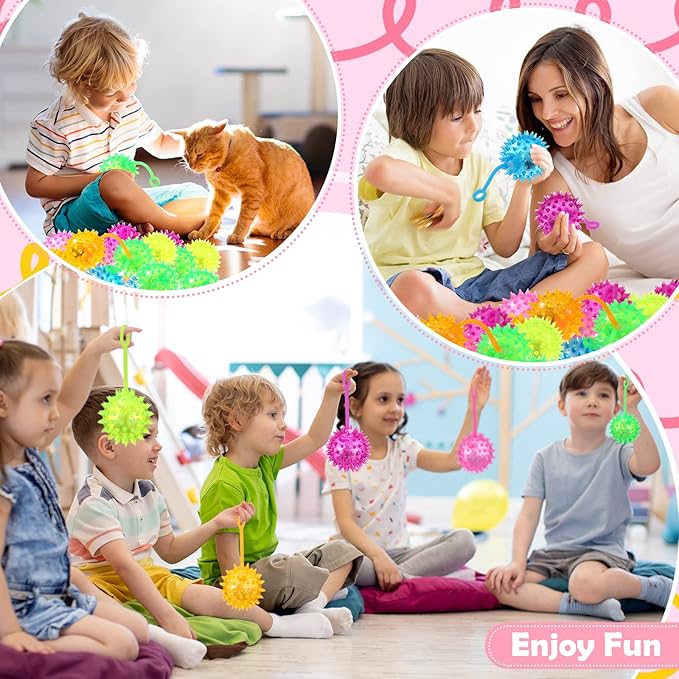 Sotiff 100 Pcs Light up Ball Spiky LED Bouncy Ball Flashing Squeaky Multicolor Puffer Toy Rubber Sensory Toy Carnival Prizes Bulk Party Favors for Teens, Adults, Children