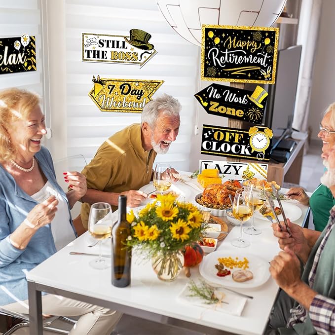 Hooqict Retirement Party Decorations 20 Pieces Happy Retirement Party Signs for Black and Gold Retirement Theme Party Decor Directional Banner Sign Retirement Birthday Party Supplies