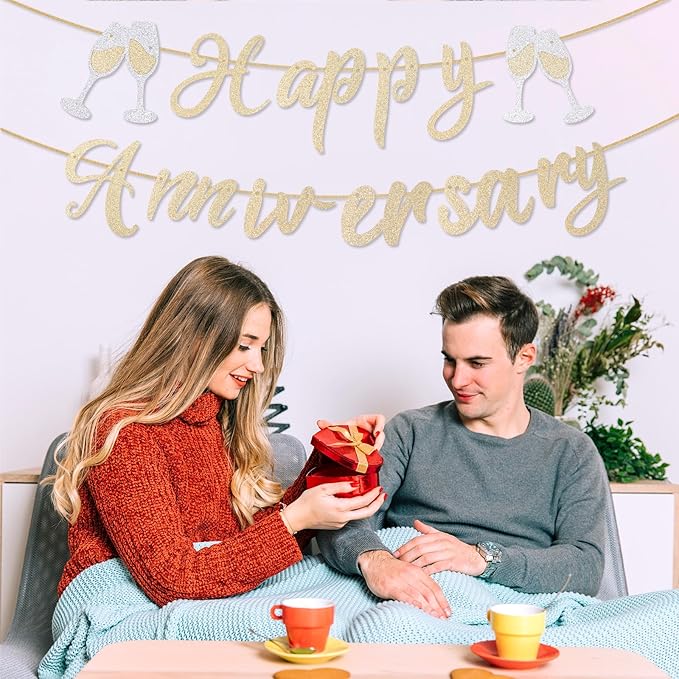 Happy Anniversary Banner, Pre-Strung Glitter Anniversary with Champagne Gold Wine Glass Design for Wedding Party & Celebration Decorations (Champagne Gold)