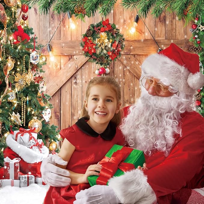 CYLYH 8x8FT Christmas Backdrop Barn Wood Door Photography Backdrop Xmas Tree Snow Gift Wall Floor Party Photo Background for Holiday New Year Party Banner Christmas Family Party Supplies