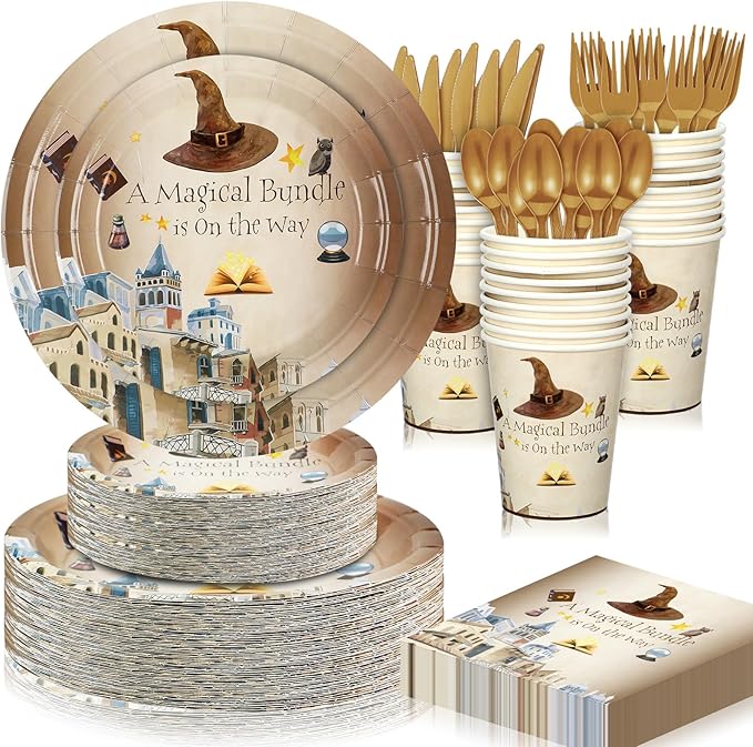 350 Pcs Magical Wizard Party Decorations Supplies A Magical Bundle Is On The Way Tableware Set Disposable Plates Cups Napkins Cutlery for Birthday Shower Wizard Party, Serve 50