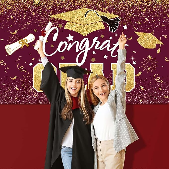 Graduation Party Decorations - Maroon Gold Congrats Grad Class of 2026 Backdrop Banner Large Sign Wall Decorations Photography Background Party Supplies for 2026 Graduation Party Decorations