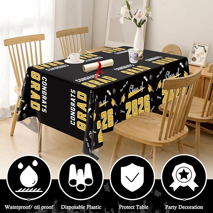 OHOME Graduation Decorations 2026-2026 Graduation Party Decorations - Disposable Plastic Black and Gold Tablecloth for Class of 2026 Decorations Party Favors Banner,54" X 108",2 Pack
