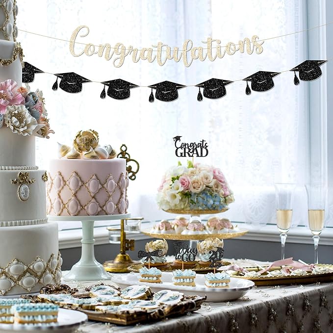 Congratulations Banner - 9 ft Pre-Strung Graduation Banner, Graduation Party Decorations & Decor for Elementary, 5th Grade, 8th Grade, High School, College, Congrats Grad Sign