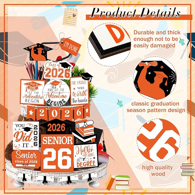 22 Pcs 2026 Graduation Tiered Tray Decor Sets Wooden Graduation Class of 2026 Table Decorations Senior 2026 Gown Diploma Farmhouse Signs for Home Shelf Party Office Desk(Orange)
