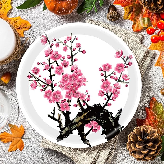 50Pcs Chinese New Year Party Supplies Chinese Japanese Cherry Paper Plates 7"Cherry Blossom Dessert Plates Flowers Plates for Birthday Wedding Chinese New Year Spring Festival Decorations (White)