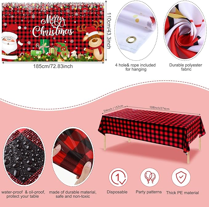 Christmas Party Decorations Set Includes Christmas Santa Claus Snowflakes Backdrop Table Covers Multi Color Balloons Foil Santa Claus and Deer Balloons for Xmas Party Supplies Favors (Plaid Style)