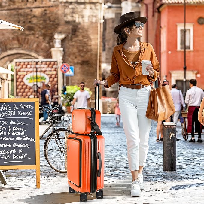 TRAVELARIM 20 Inch Carry On Luggage 22x14x9 Airline Approved, Carry On Suitcase with Wheels, Hard-shell Carry-on Luggage, Durable Luggage Carry-On, Orange Small Suitcase with Cosmetic Bag